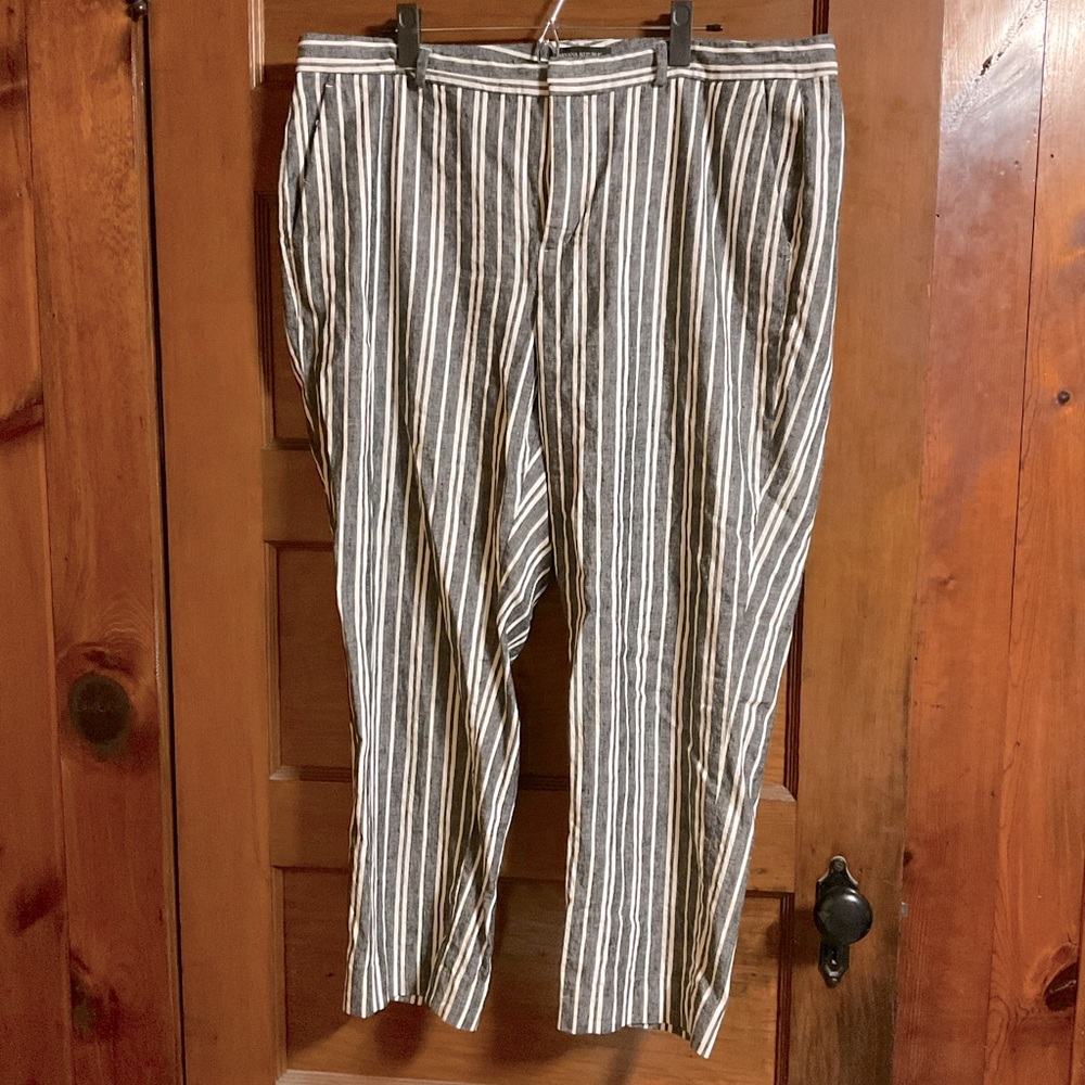 Banana Republic Avery Linen Blend Striped Charco White Ankle Pants Sz 16